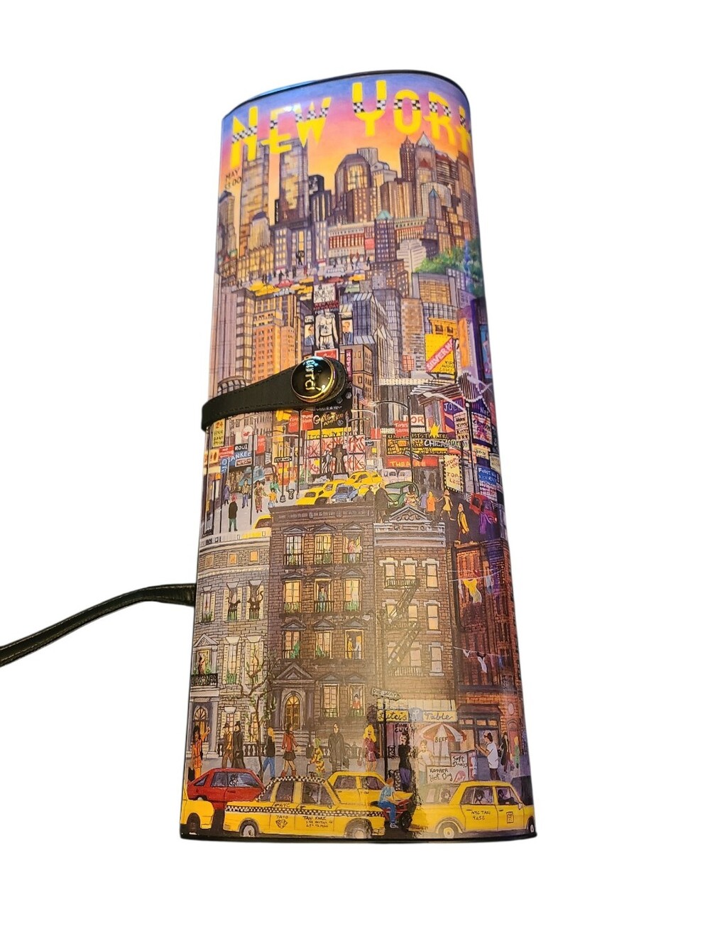 Rare Vintage LUTCI By Anna Silvey New York Skyline Printed Cylinder Handbag